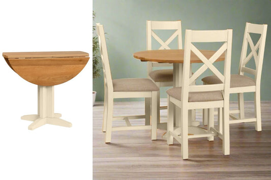Small picture: Braemar Painted 4 Seater Round Drop Leaf Dining Table Oak with leaves down. Large picture: Same table with leaves up and 4 x Braemar Painted Cross Back Dining Chairs.