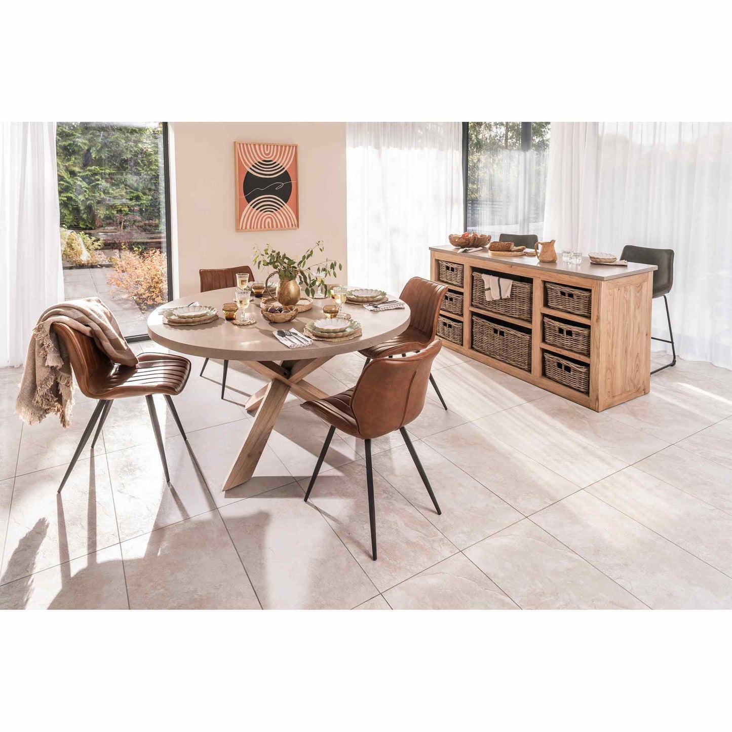 Alesund 4-6 Seater Medium Round Dining Table Composite Oatmeal with Modena Dining Chair Tan wide view
