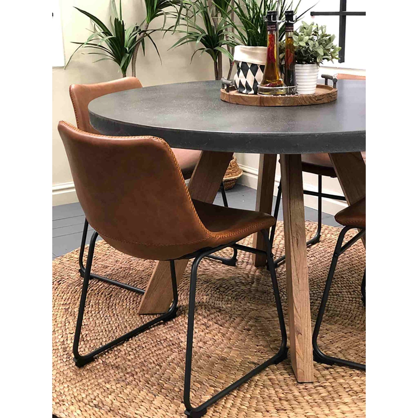 Alesund 4 Seater Small Round Dining Table Composite Grey with Cortona Dining Chair Tan