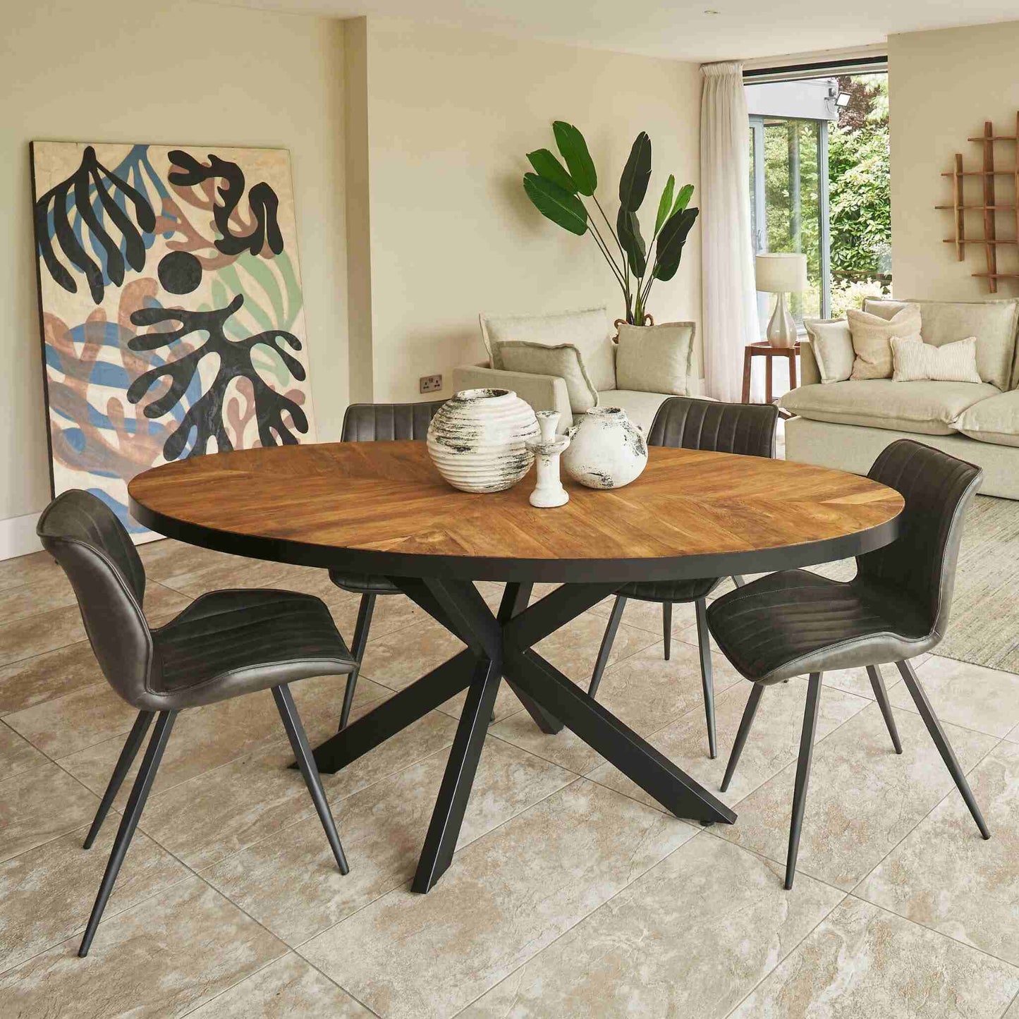 Cognac 6 Seater Oval Dining Table Teak Parquet with Modena Dining Chair Forest Green