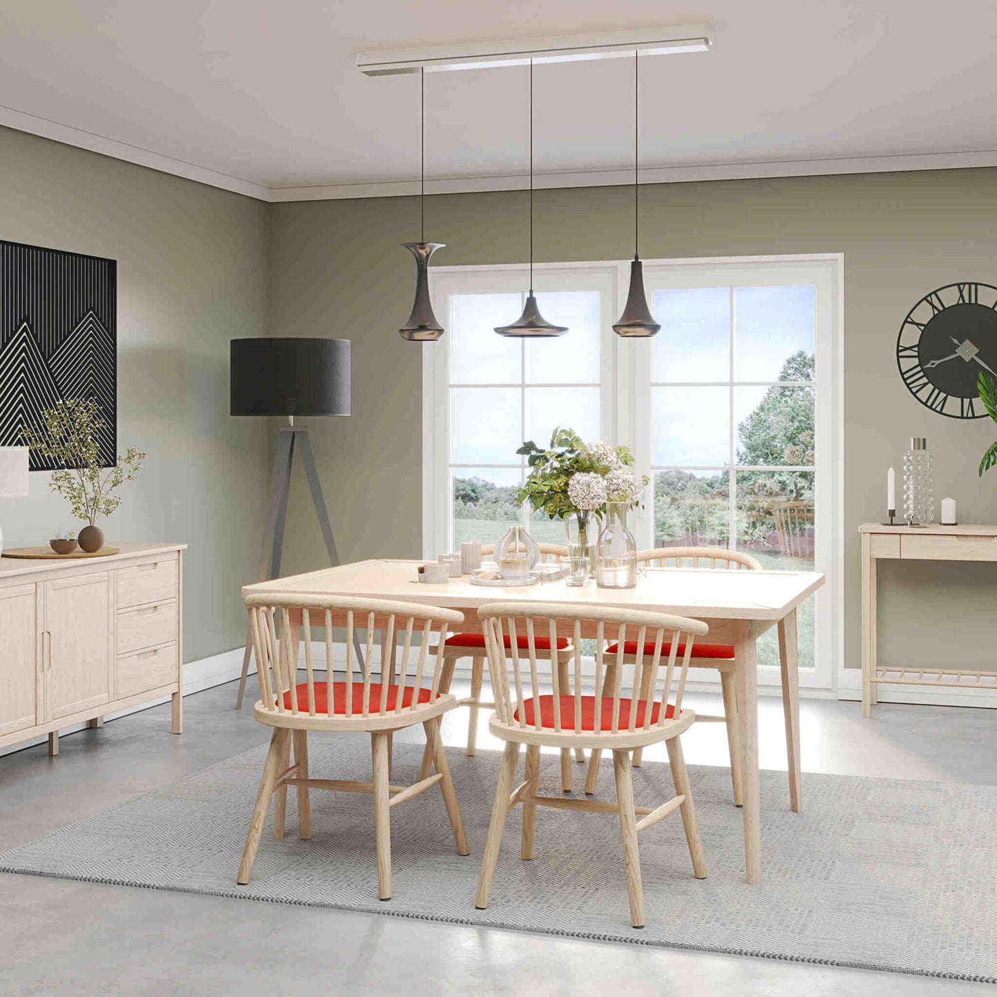 Farstad 4-6 Seater Extending Dining Table Oak closed & Farstad Carver Dining Chairs Oak Rust Orange Fabric