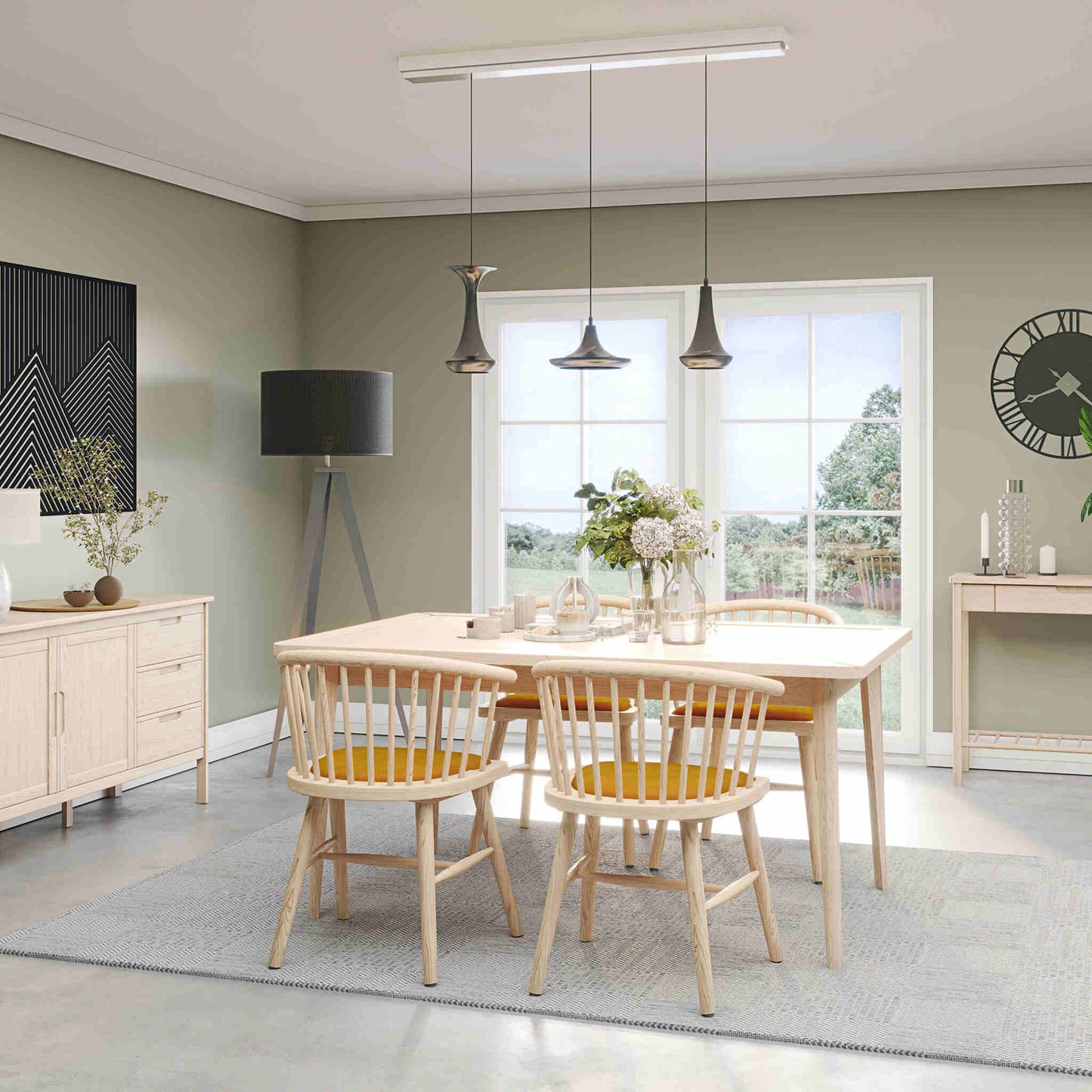 Farstad 4-6 Seater Extending Dining Table Oak closed & Farstad Carver Dining Chairs Oak Mustard Yellow Fabric