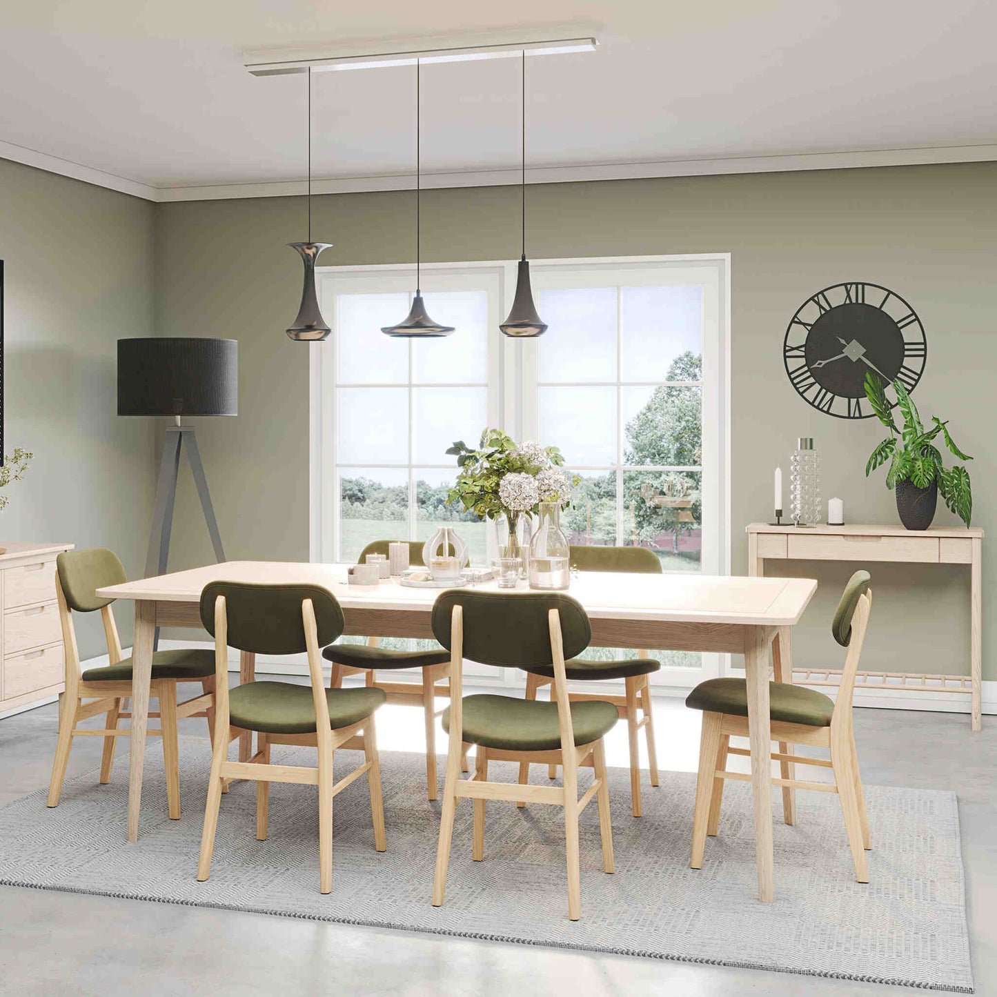 Farstad 6-8 Seater Extending Dining Table closed & Farstad Dining Chairs Oak Green Fabric