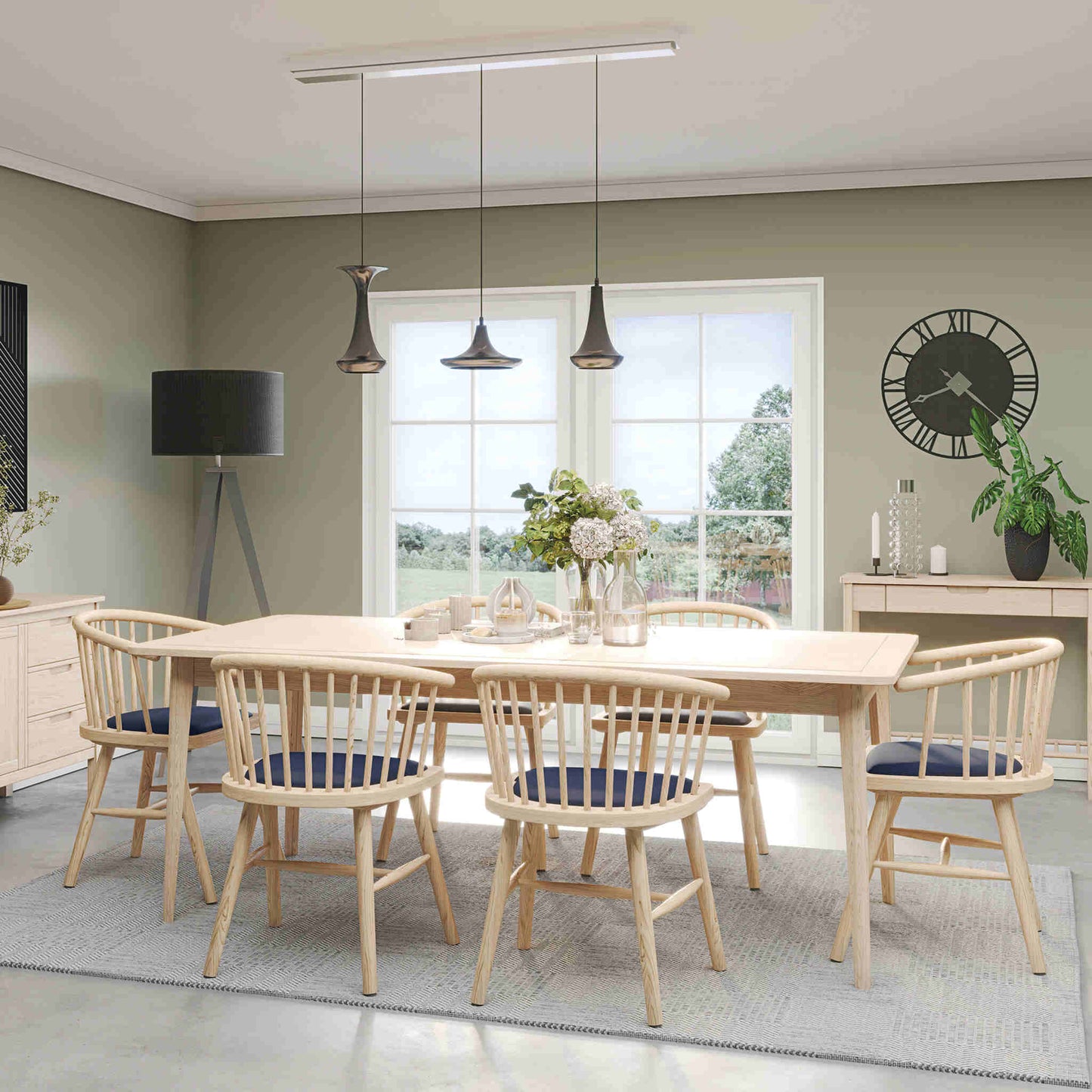 Farstad 6-8 Seater Extending Dining Table closed & Farstad Carver Dining Chairs Oak Dark Grey Fabric