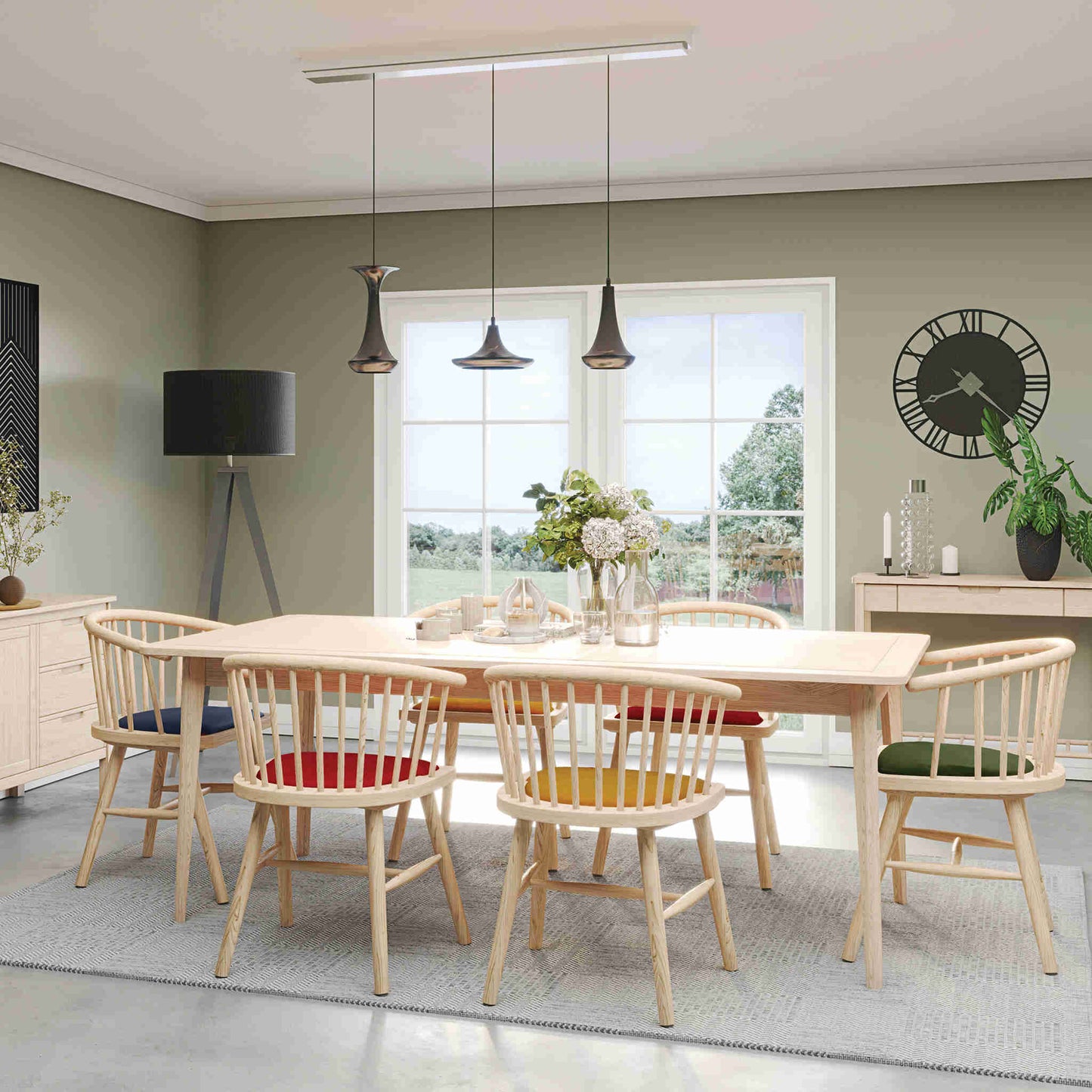 Farstad 6-8 Seater Extending Dining Table closed & Farstad Carver Dining Chairs Oak Mixed Fabrics