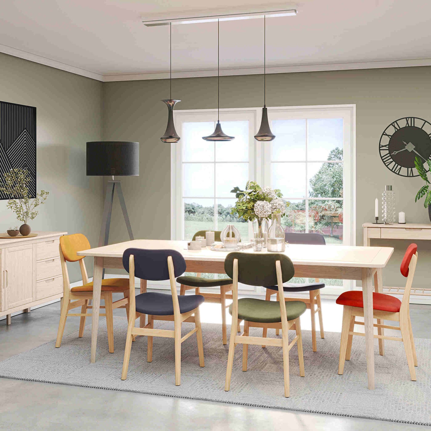 Farstad 6-8 Seater Extending Dining Table closed & Farstad Dining Chairs Oak Mixed Fabrics