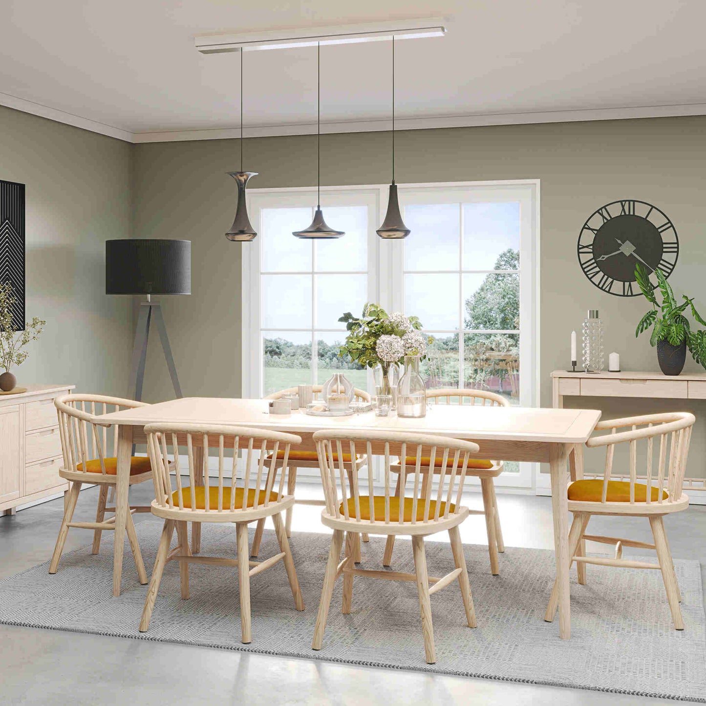 Farstad 6-8 Seater Extending Dining Table closed & Farstad Carver Dining Chairs Oak Mustard Yellow Fabric