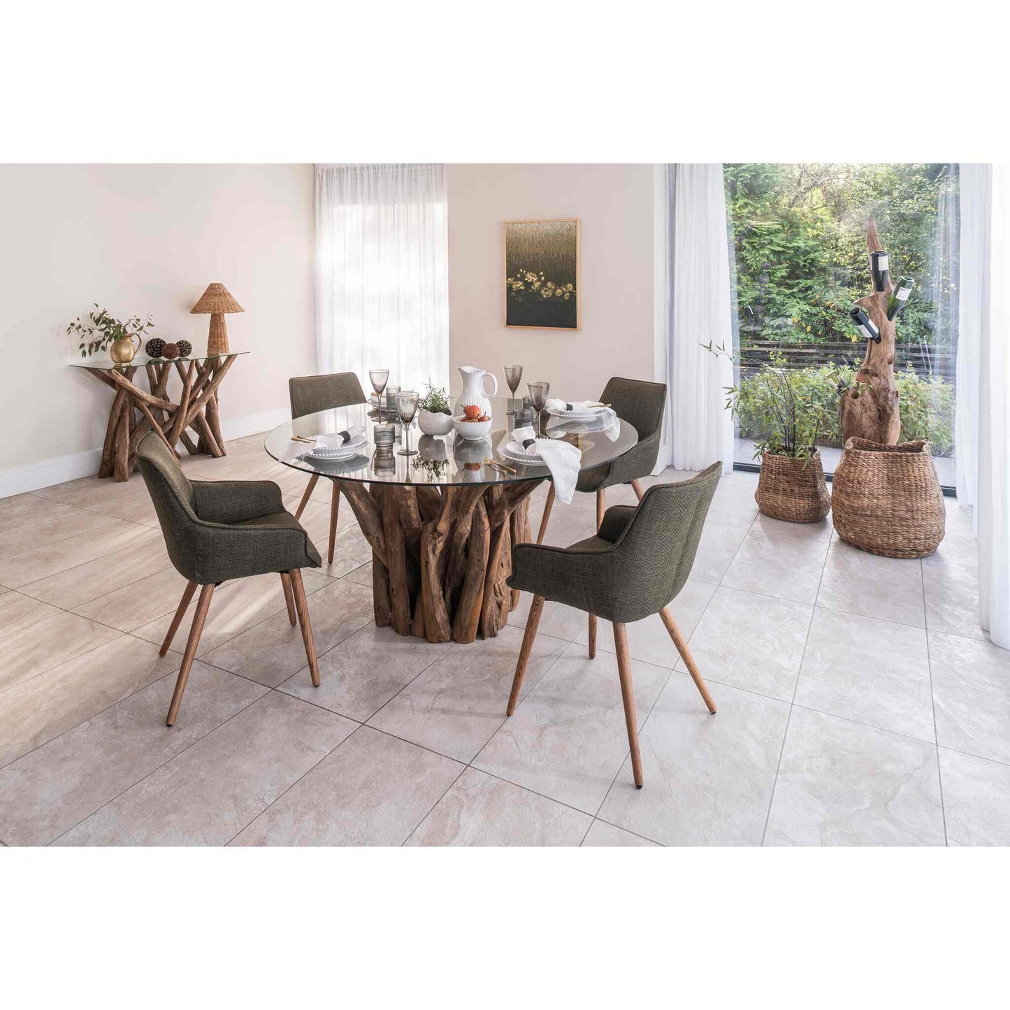 Genoa Dining Chairs Twill Olive Green at table