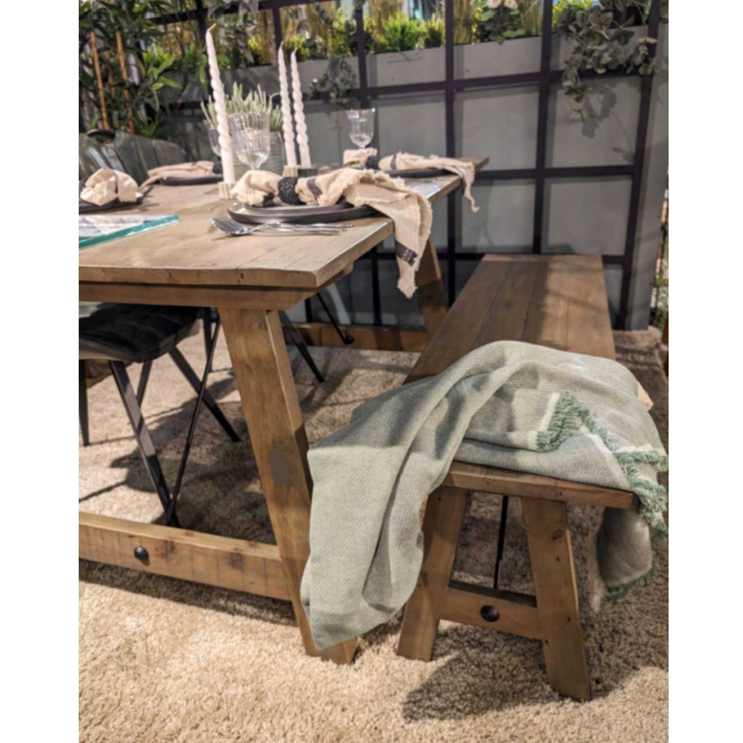 Keswick 4 Seater Dining Table Pine with Keswick 130cm Dining Bench and Turin Dining Chair Forest Green