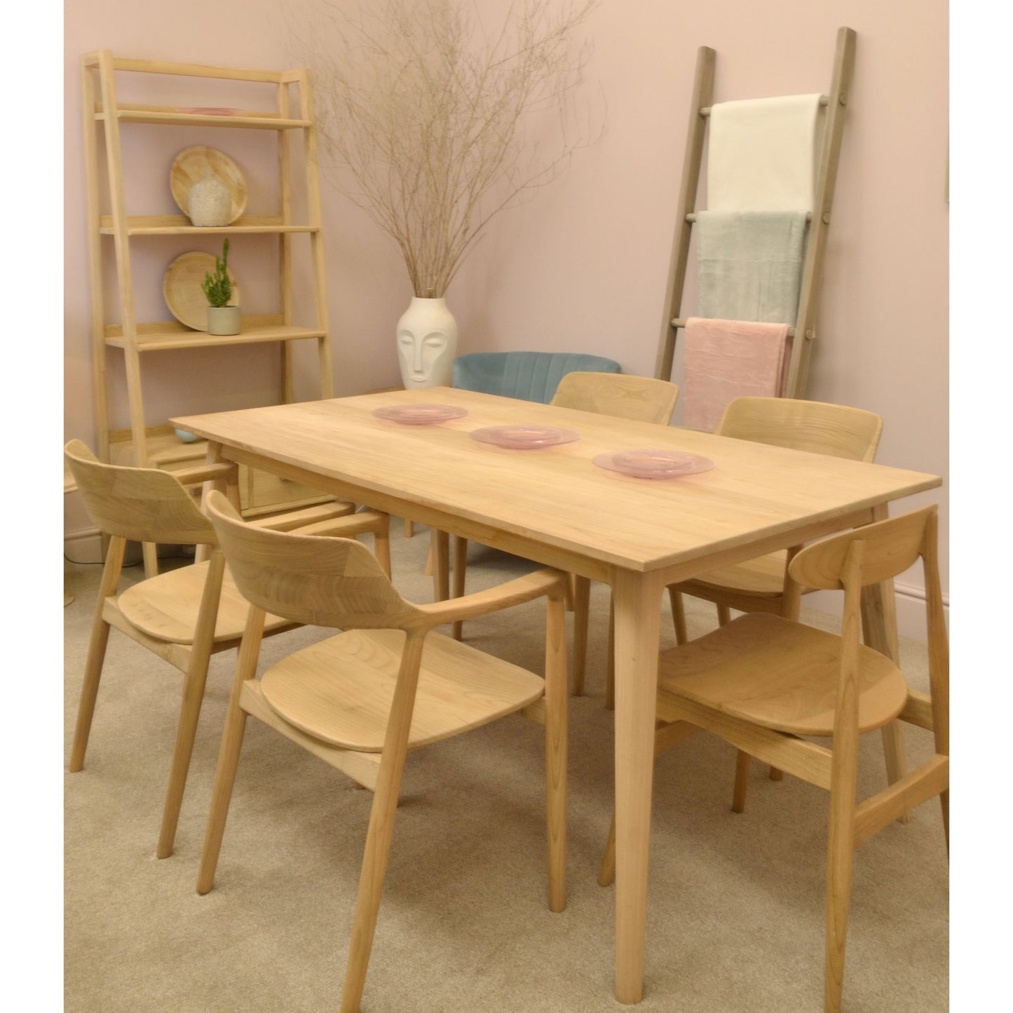 Malmo 6 Seater Dining Table Sungkai Wood Scandinavian style with Malmo Dining Chair and Malmo Dining Chair with Arms