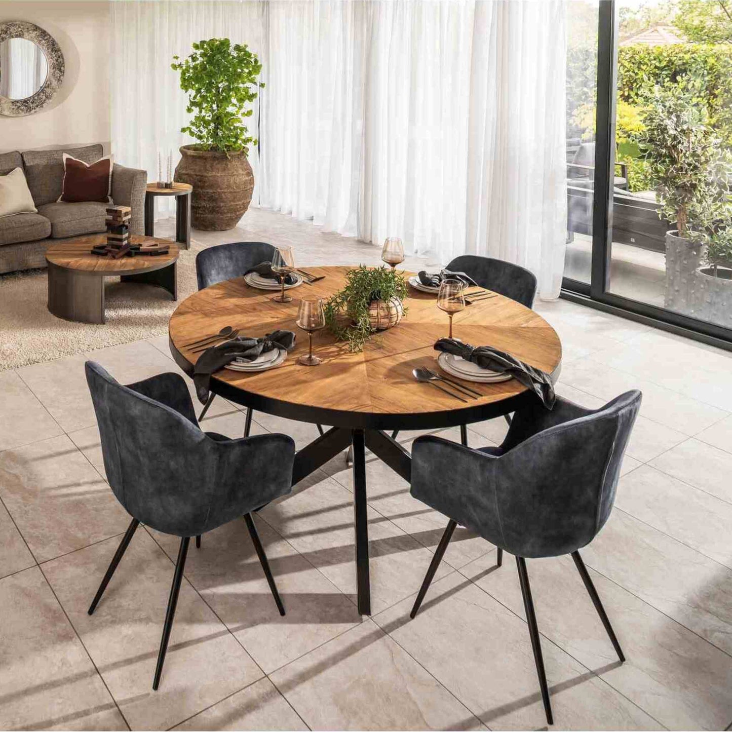 Verona Dining Chair Velvet Steel Charcoal and Cognac 4-6 Seater Round Dining Table