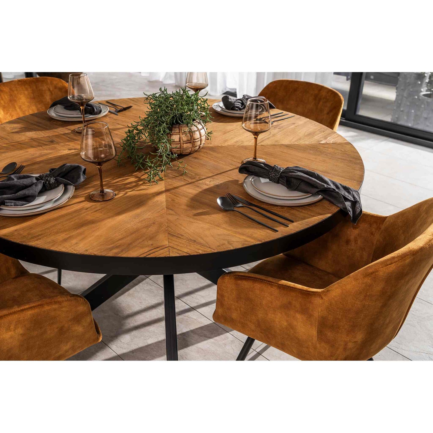 Verona Dining Chair Velvet Steel Gold and Cognac 4-6 Seater Round Dining Table