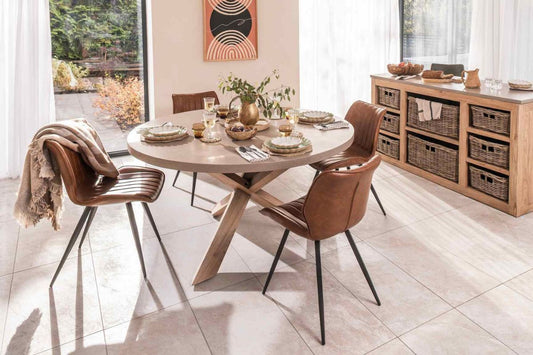 Alesund 4-6 Seater Medium Round Dining Table Composite Oatmeal with Modena Dining Chair Tan