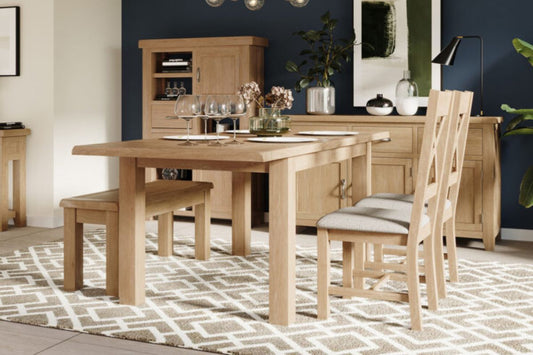 Killington 4-6 Seater Medium Extending Dining Table Oak extended with Killington 104cm Medium Dining Bench Oak and Killington Cross Back Dining Chair Oak