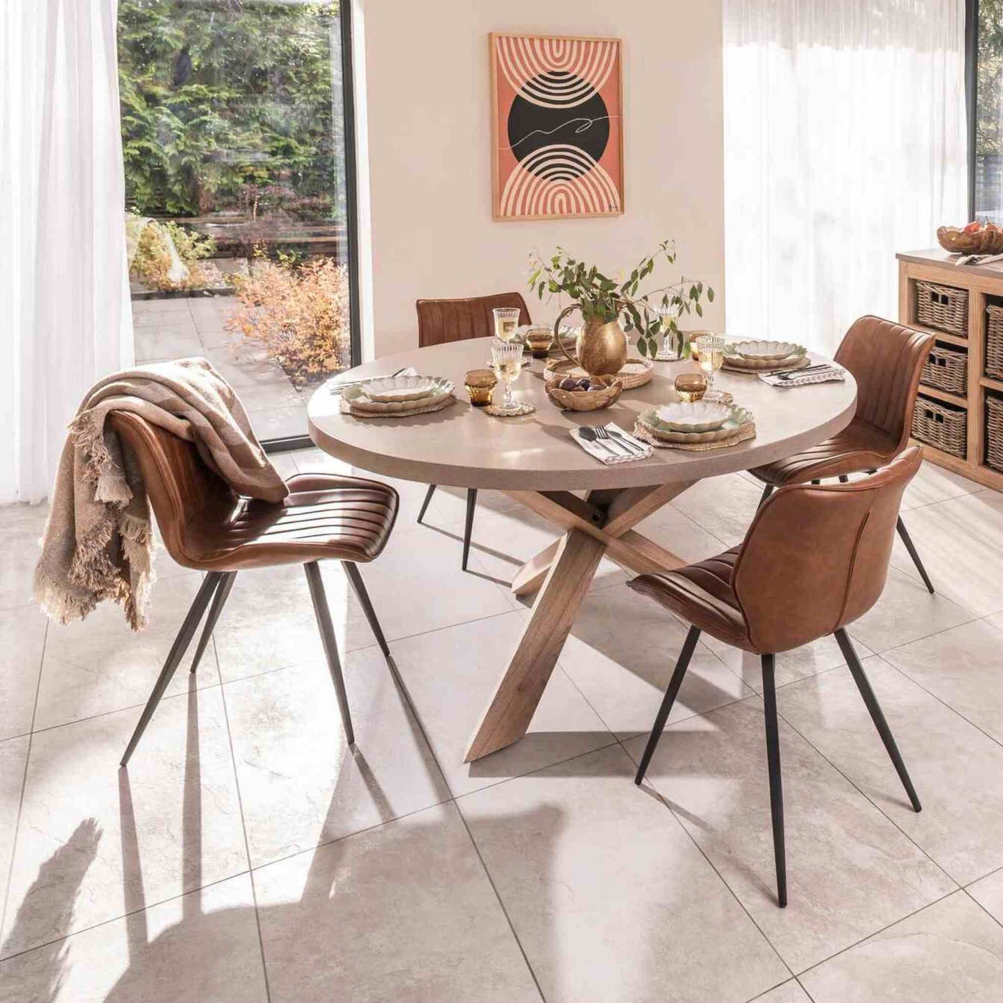 Alesund 4-6 Seater Medium Round Dining Table Composite Oatmeal with Modena Dining Chair Tan