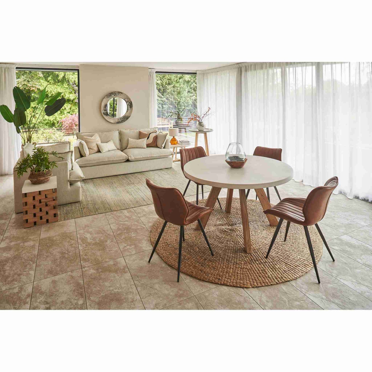 Alesund 4 Seater Small Round Dining Table Composite White with Modena Dining Chair Tan wide view 2