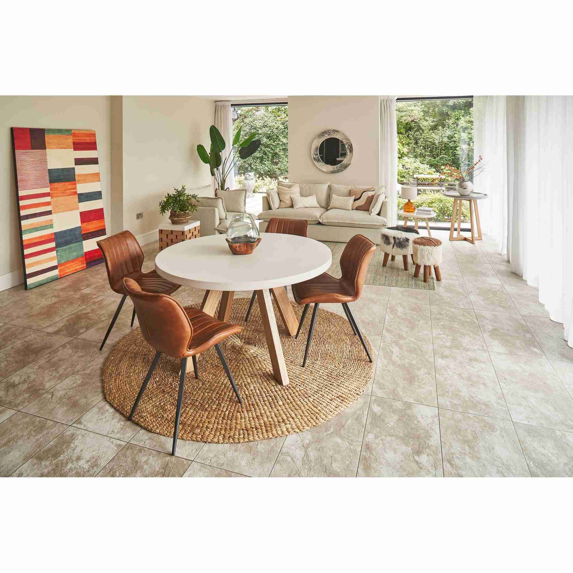 Alesund 4 Seater Small Round Dining Table Composite White with Modena Dining Chair Tan wide view 1