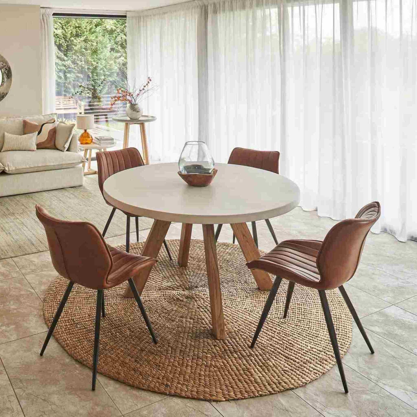 Alesund 4 Seater Small Round Dining Table Composite White with Modena Dining Chair Tan