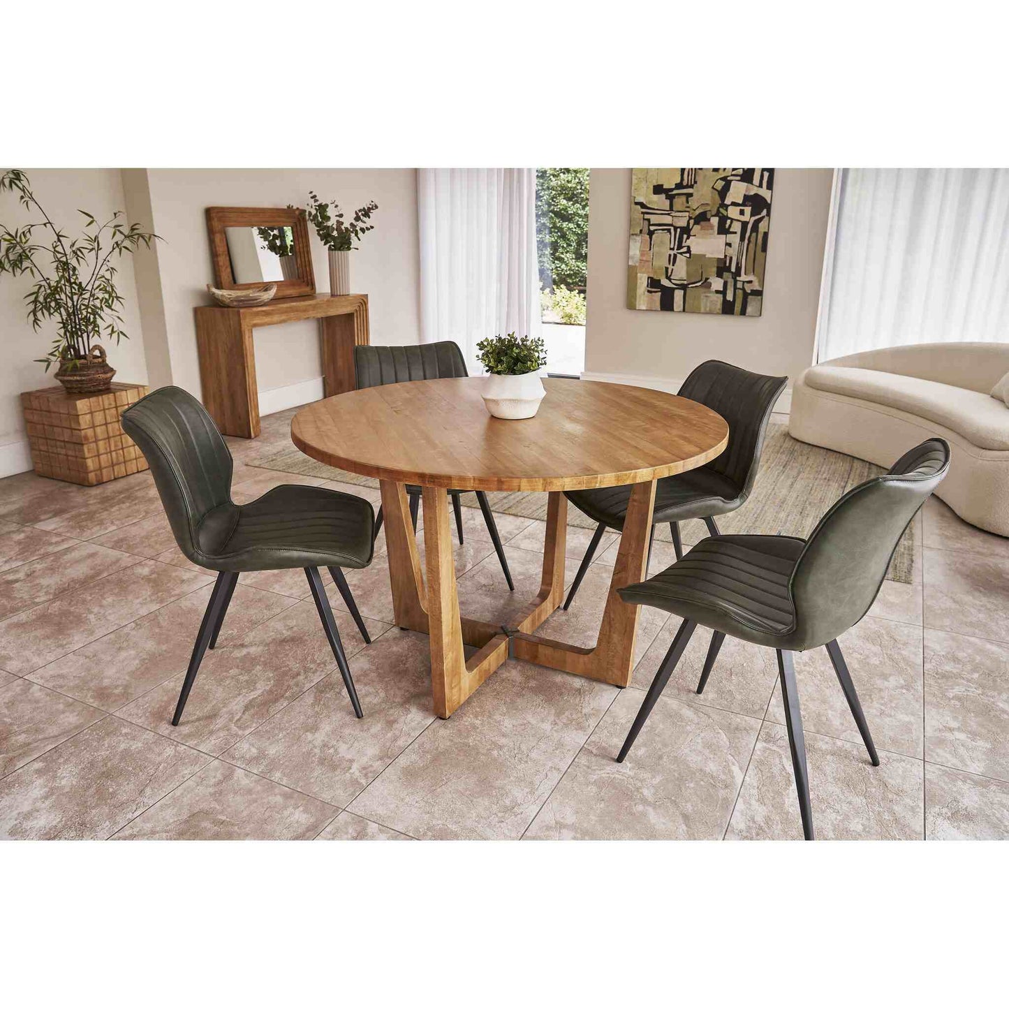 Berlin 4 Seater Round Dining Table Mango Wood with Modena Dining Chair Forest Green