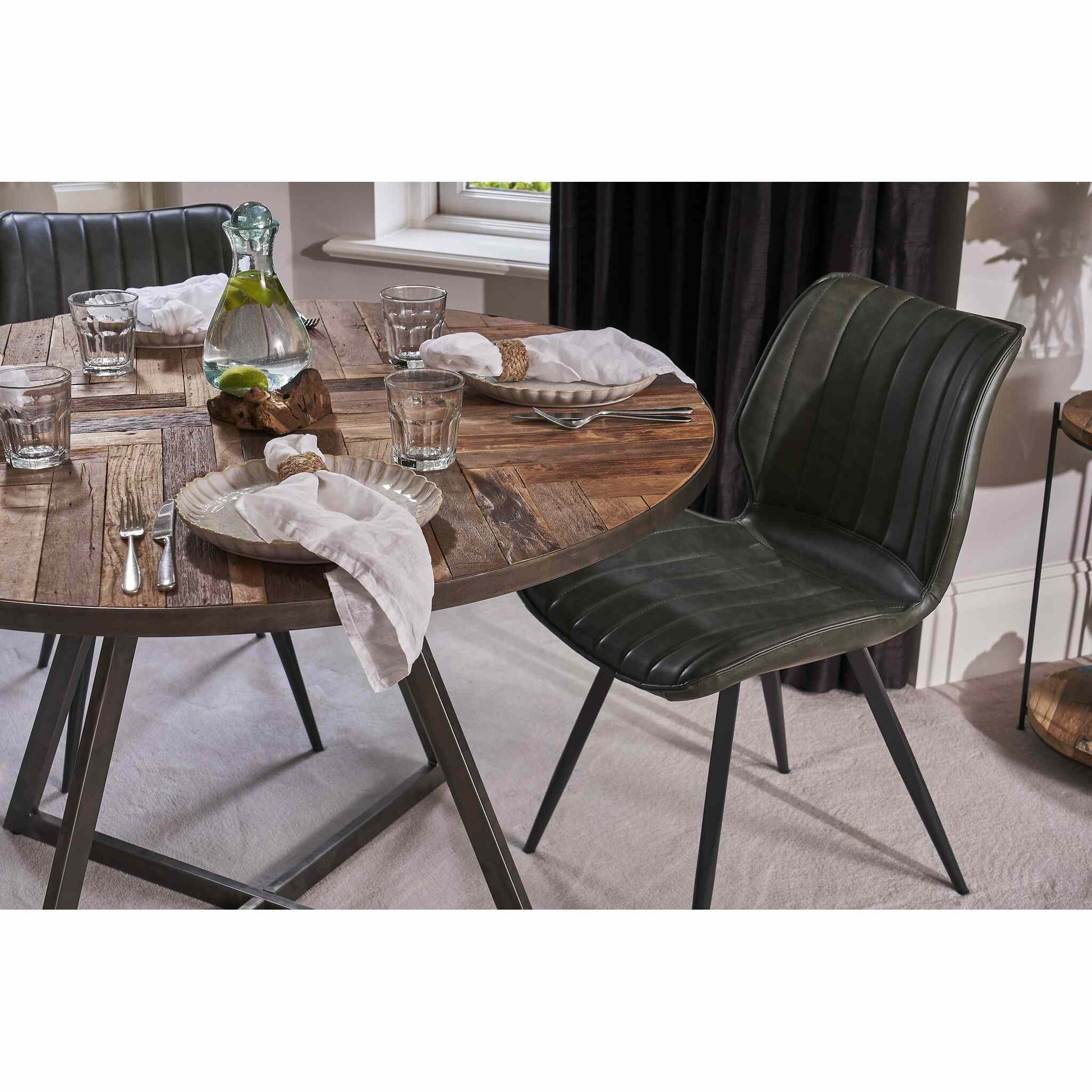 Bordeaux 4 Seater Round Dining Table Reclaimed Wood with Modena Dining Chair Forest Green