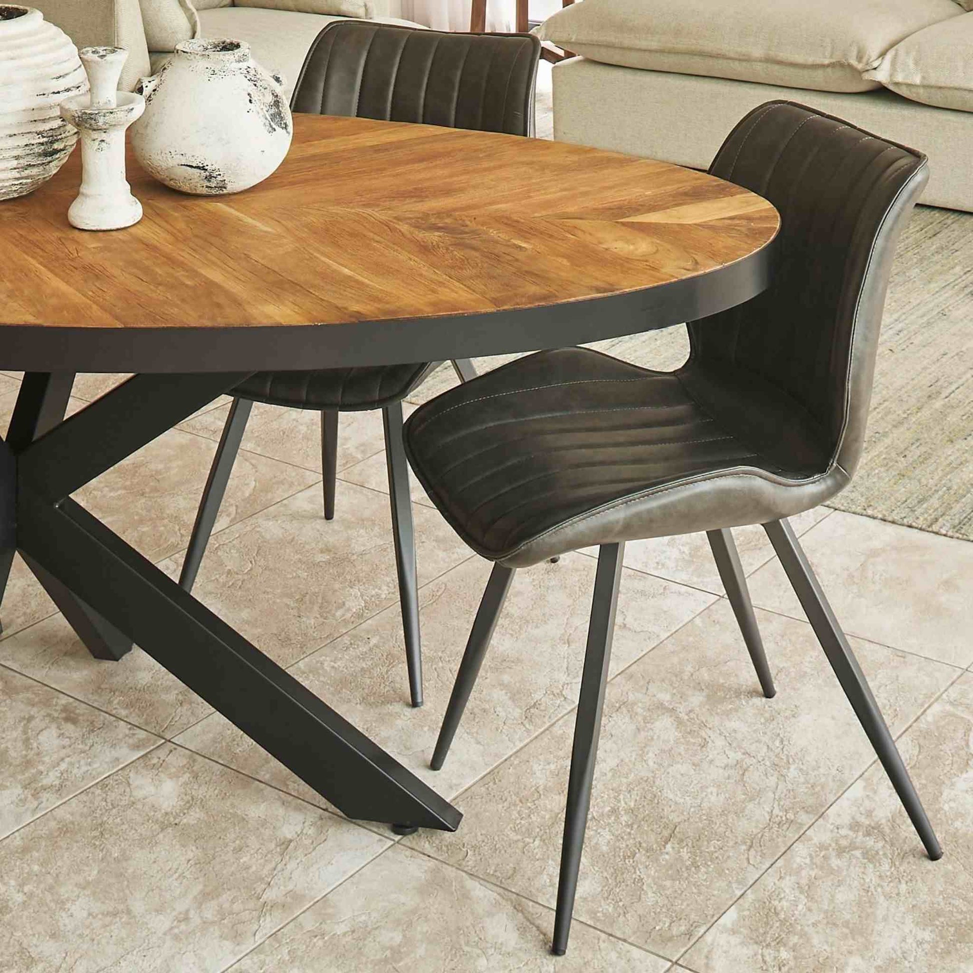 Cognac 6 Seater Oval Dining Table Teak Parquet with Modena Dining Chair Forest Green close up
