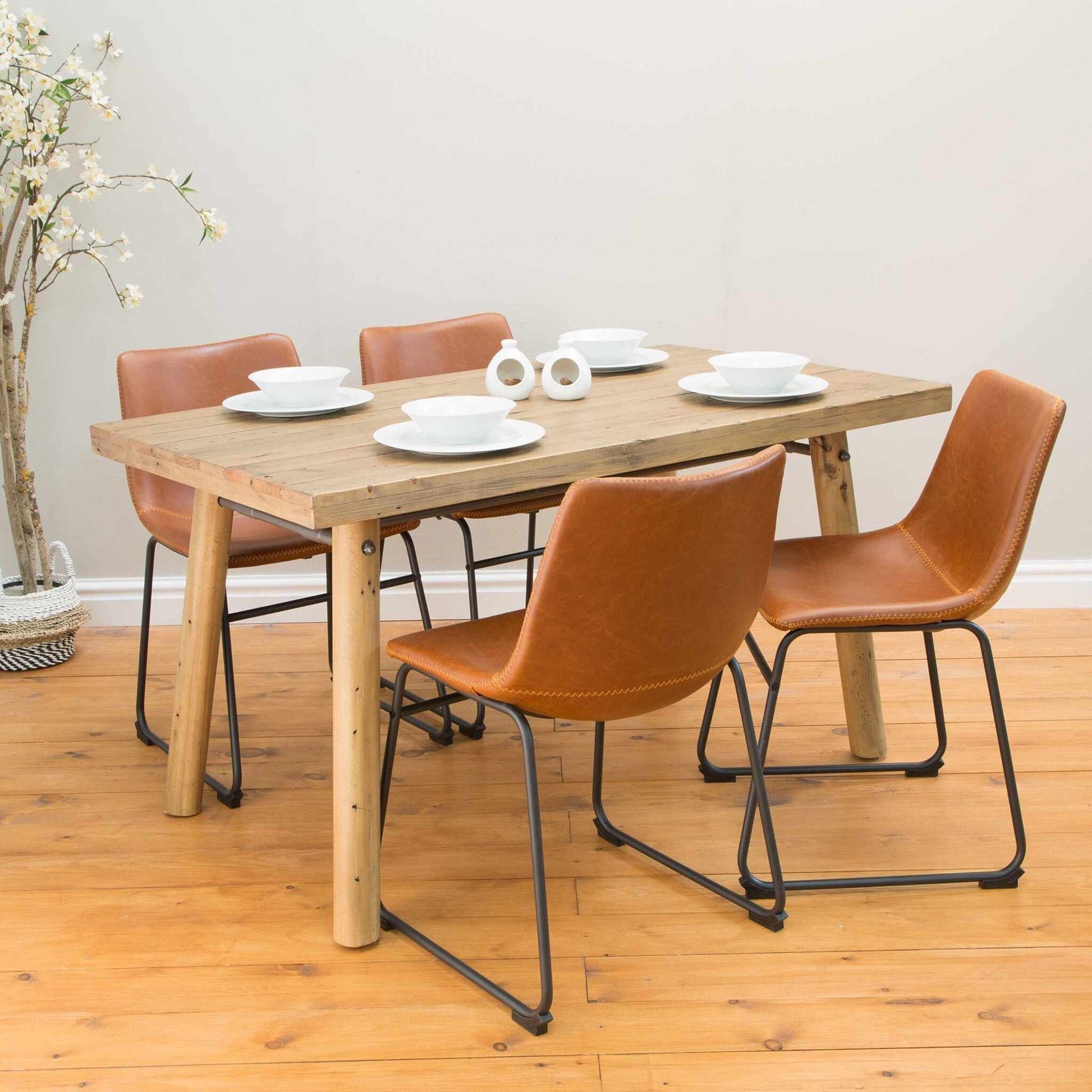 Cortona Dining Chairs Vegan Leather Steel Tan with table