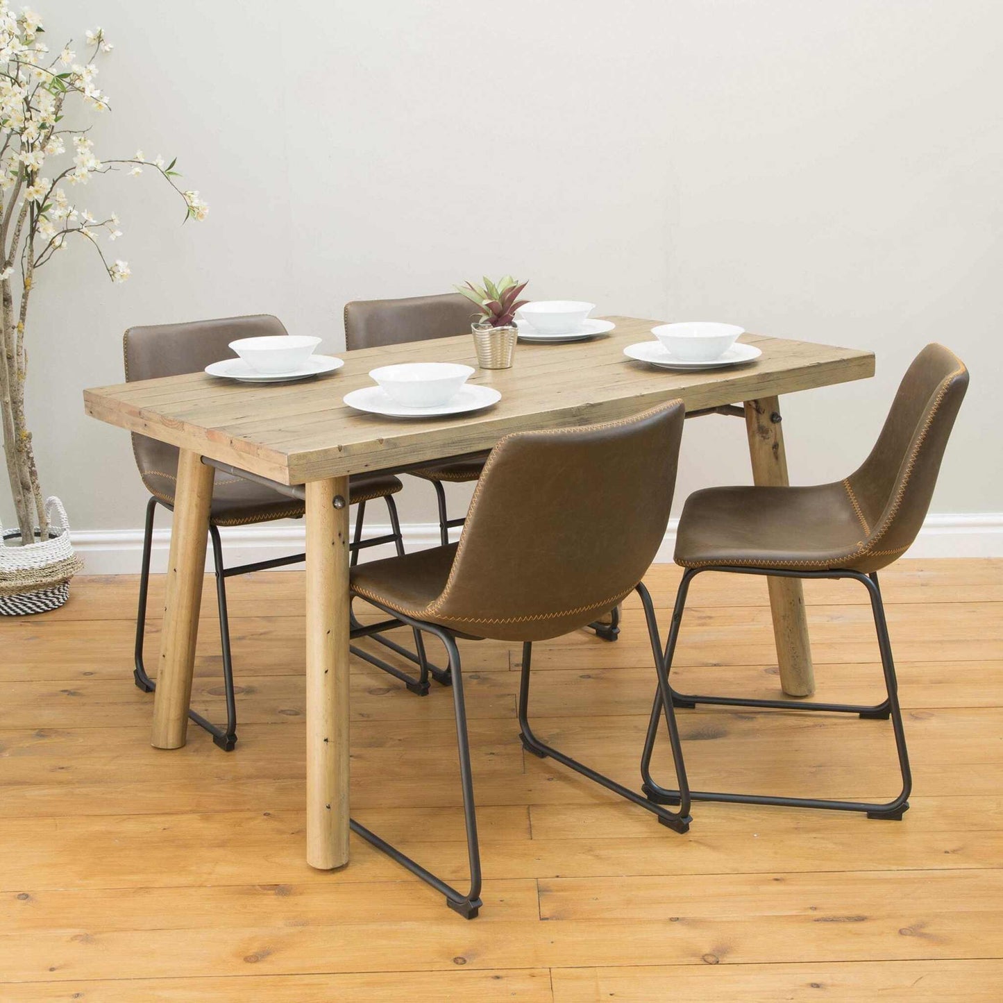 Cortona Dining Chairs Vegan Leather Steel Chestnut with table