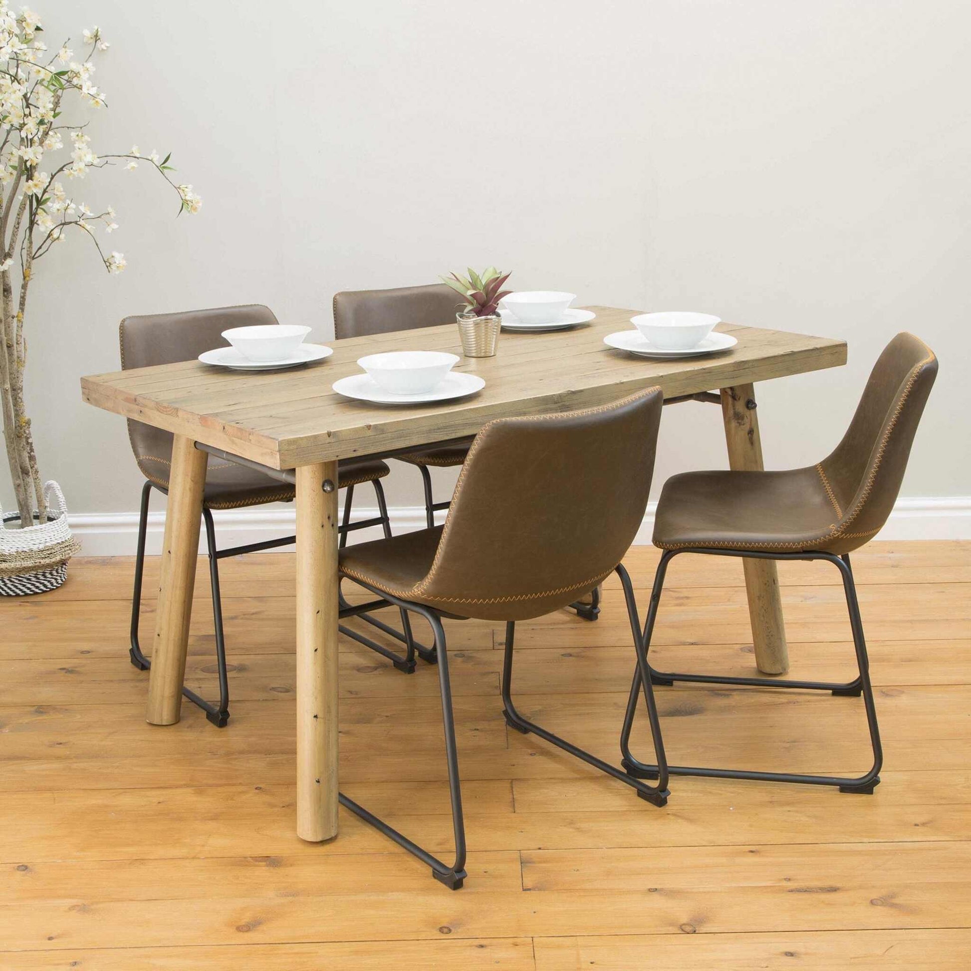 Cortona Dining Chairs Vegan Leather Steel Chestnut with table