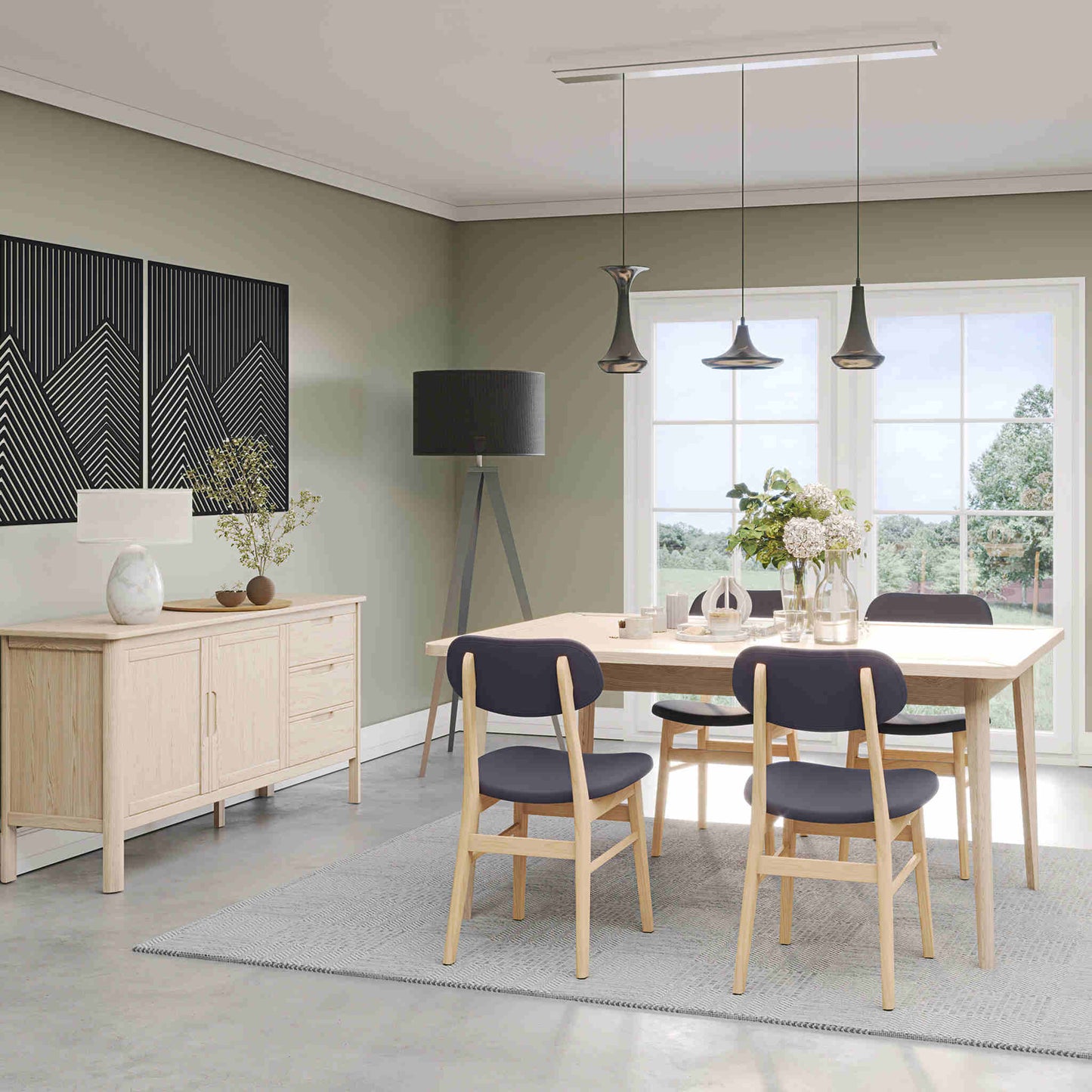 Farstad 4-6 Seater Extending Dining Table Oak closed & Farstad Dining Chairs Oak Dark Grey Fabric