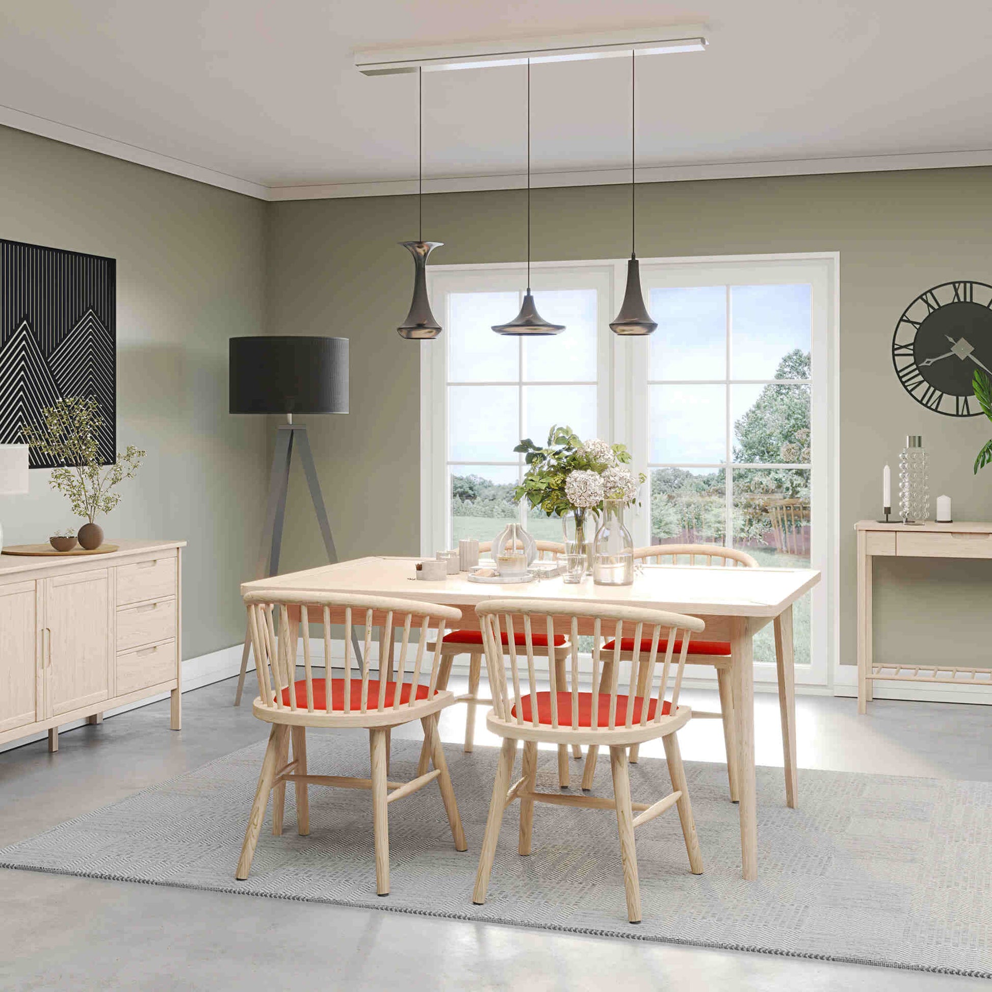 Farstad 4-6 Seater Extending Dining Table Oak closed & Farstad Carver Dining Chairs Oak Rust Orange Fabric