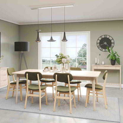 Farstad 6-8 Seater Extending Dining Table closed & Farstad Dining Chairs Oak Green Fabric