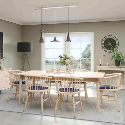 Farstad 6-8 Seater Extending Dining Table closed & Farstad Carver Dining Chairs Oak Dark Grey Fabric
