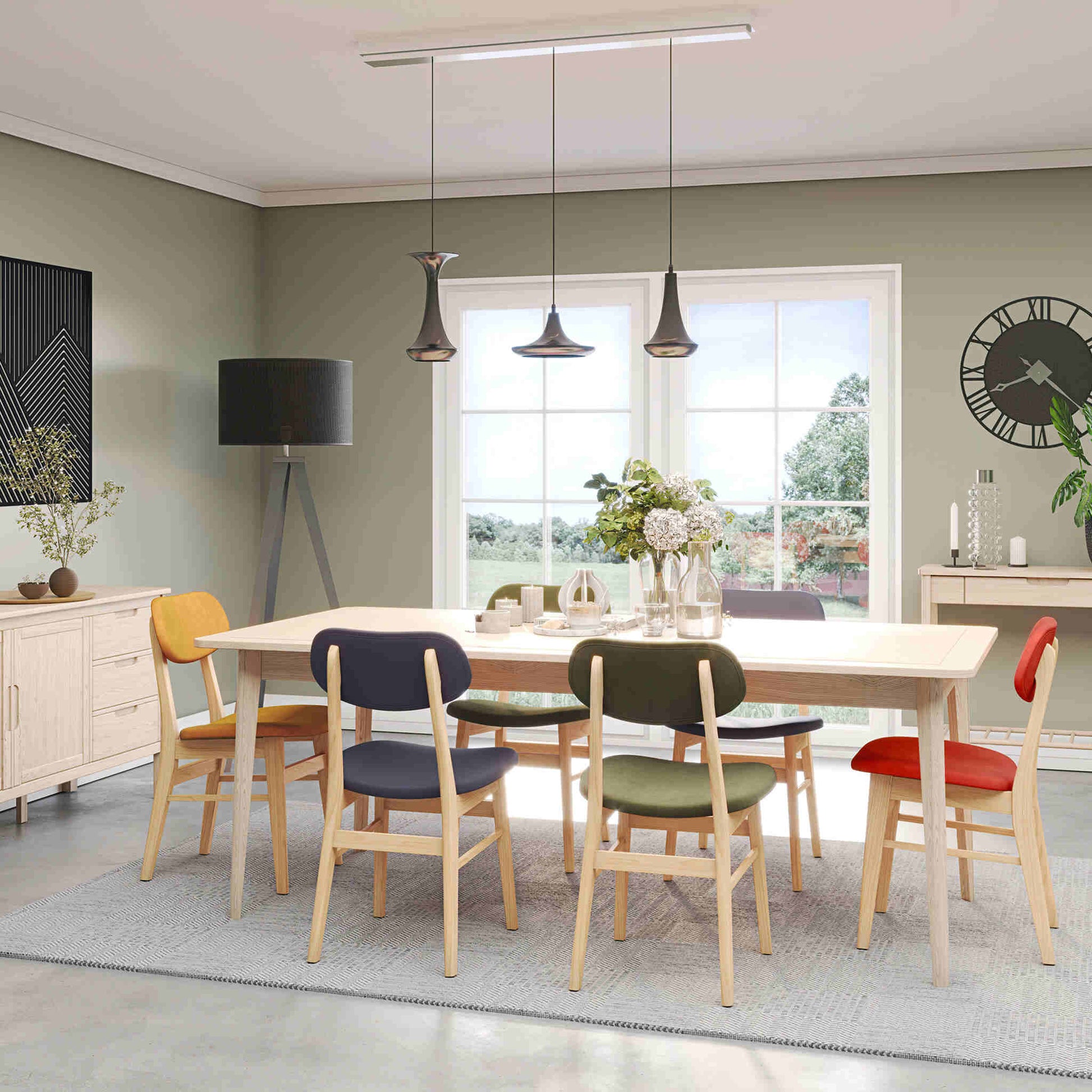 Farstad 6-8 Seater Extending Dining Table closed & Farstad Dining Chairs Oak Mixed Fabrics