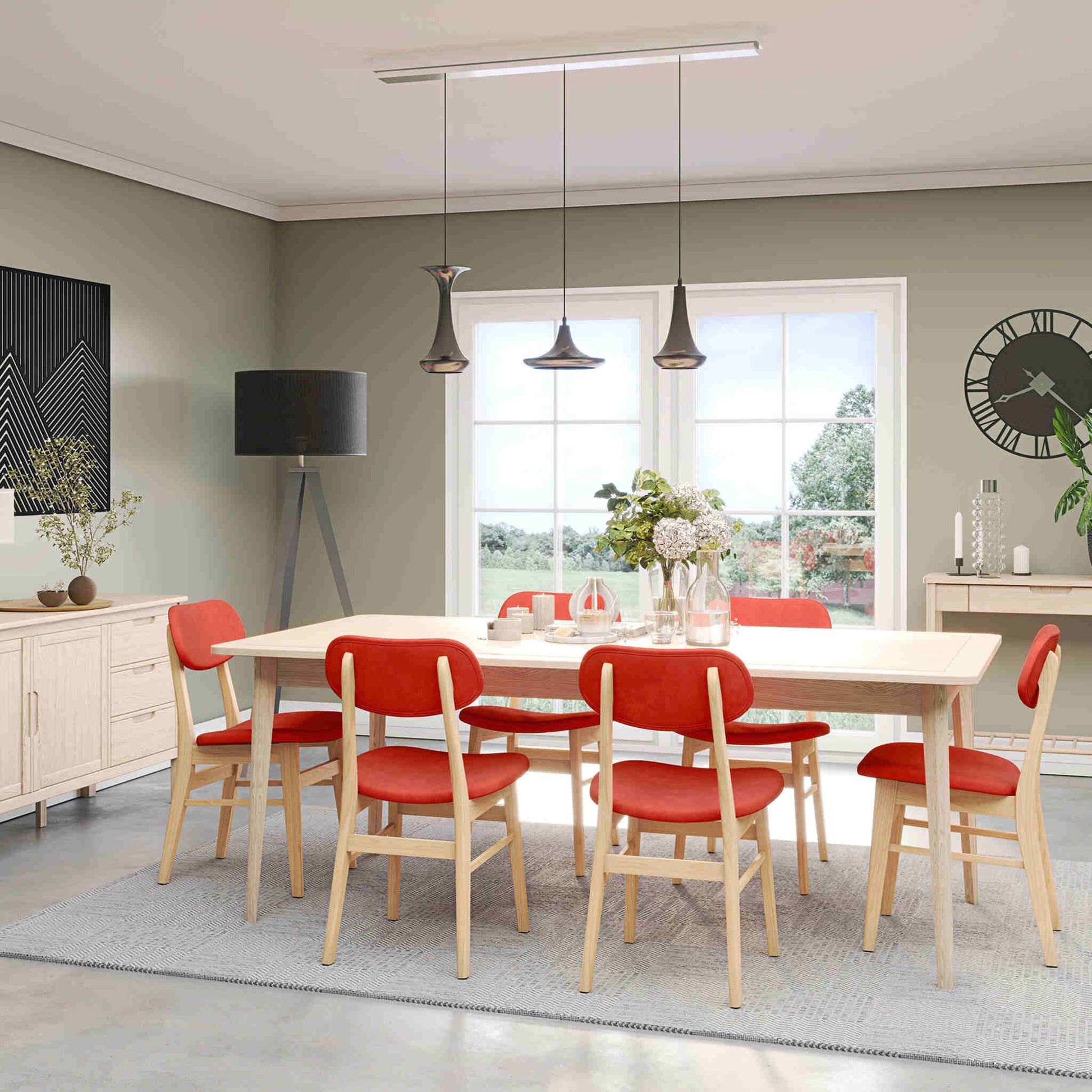 Farstad 6-8 Seater Extending Dining Table closed & Farstad Dining Chairs Oak Rust Orange Fabric