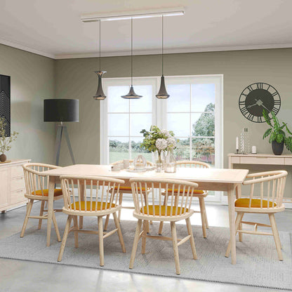 Farstad 6-8 Seater Extending Dining Table closed & Farstad Carver Dining Chairs Oak Mustard Yellow Fabric