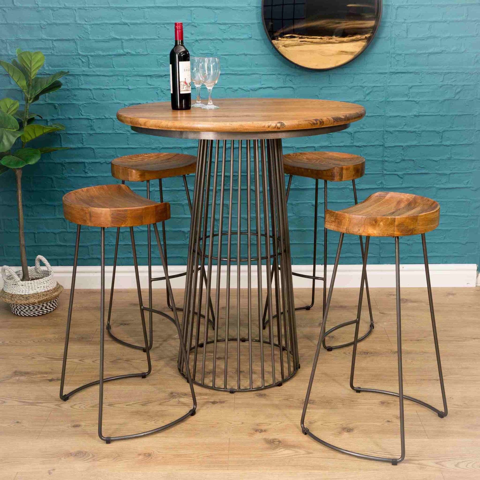 Hudson Tractor Seat Bar Stools Mango Wood Steel and Hudson Round Birdcage High Top Bar Table