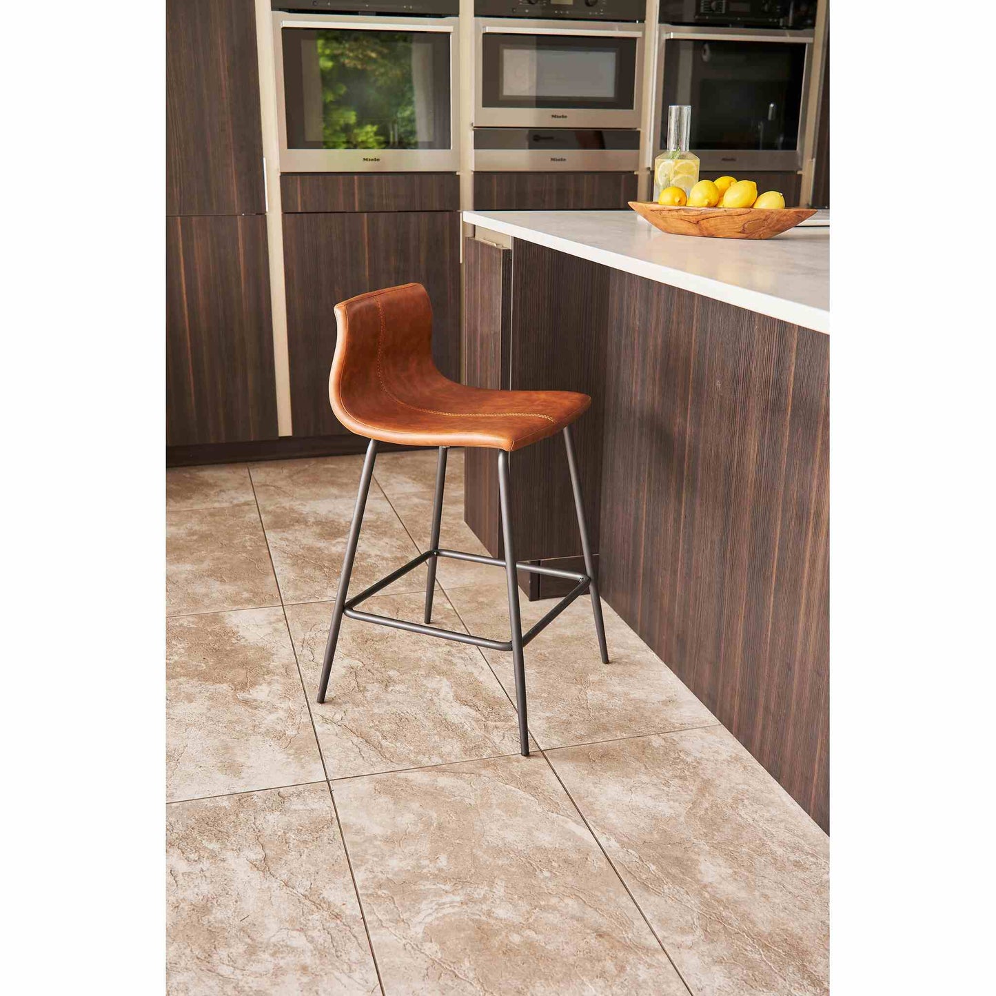 Livorno Counter Stool Vegan Leather Steel Tan at counter