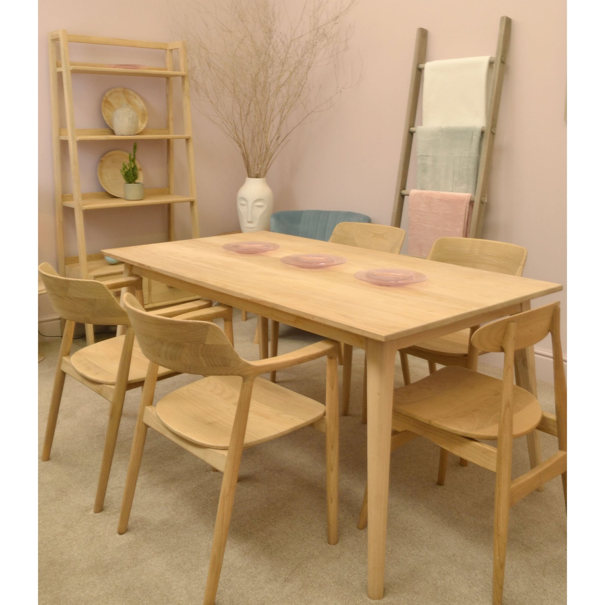 Malmo 6 Seater Dining Table Sungkai Wood with Malmo Dining Chair Sungkai Wood and Malmo Dining Chair With Arms Sungkai Wood