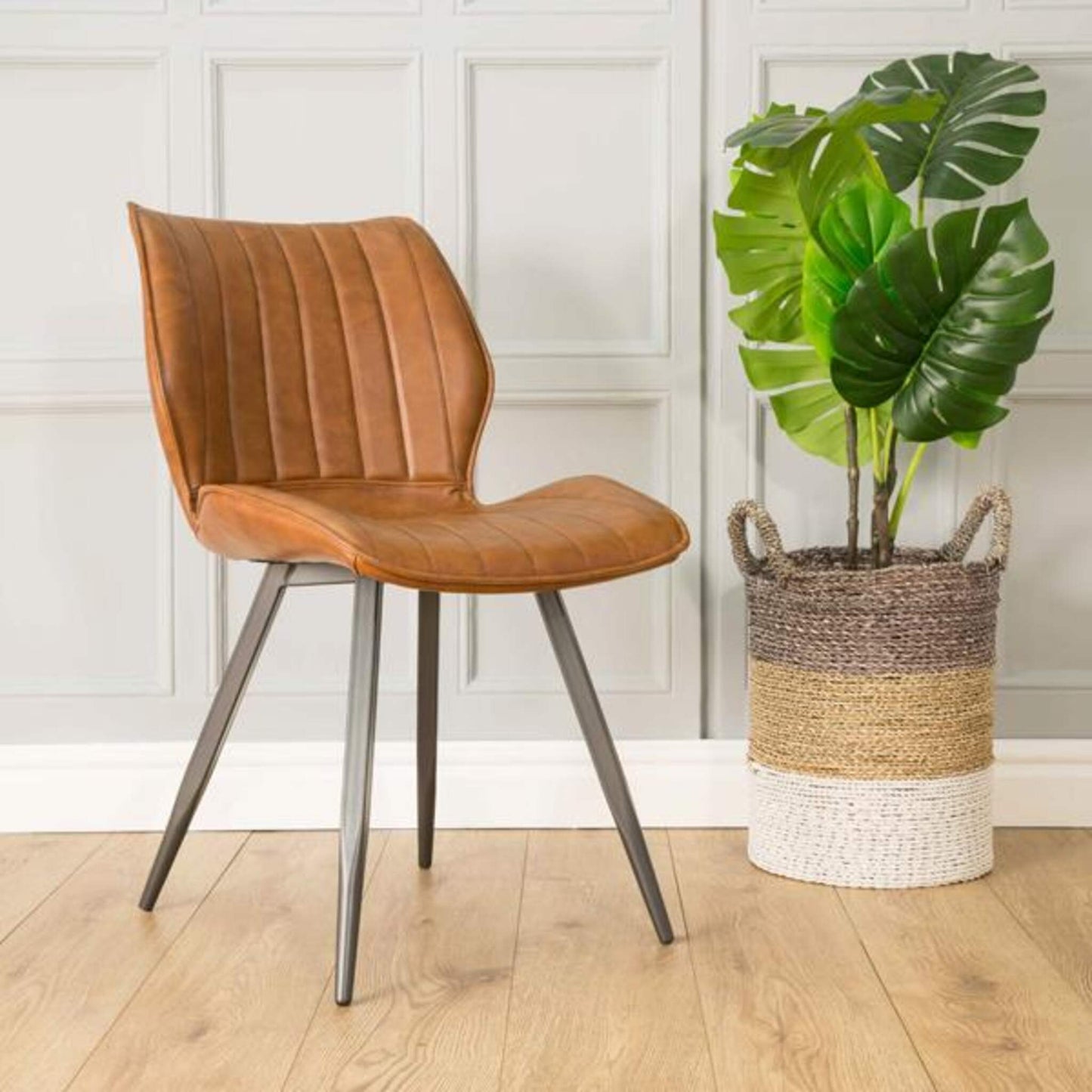Modena Dining Chair Vegan Leather Steel Tan in room