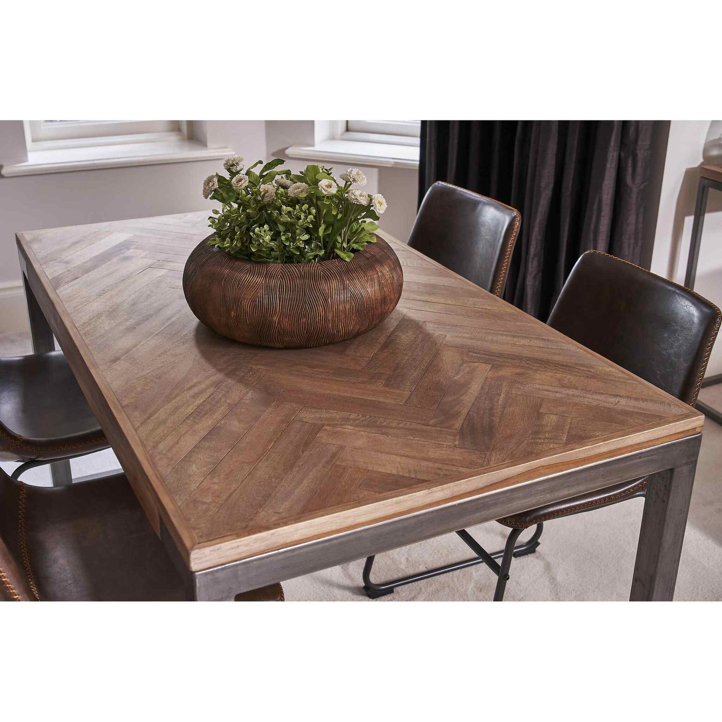 Toulouse 4 Seater Small Dining Table Greywash Parquet with Cortona Dining Chair Chestnut